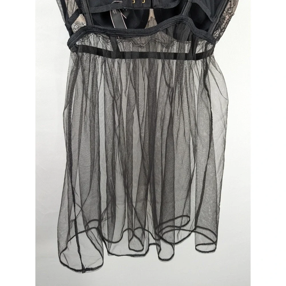 Victorias Secret Floral Lace Sheer Mesh Babydoll Lingerie Sz 34C Black Underwire
